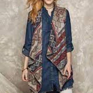 Tribal Jeans Southwest-Inspired Long Woven Vest with Cascading Front Lapel